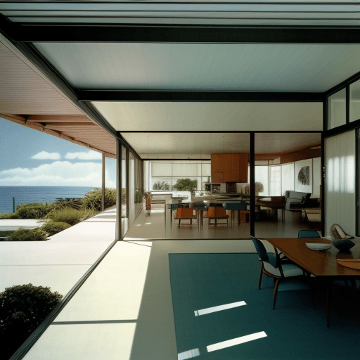 AI generated: Hyper realistic eye level exterior photo of a mid century modern style house overlooking the ocean, ...