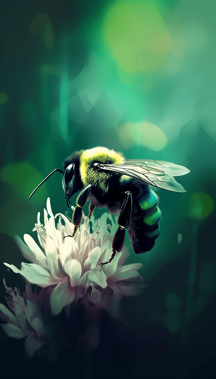 AI generated: llustration of a A carpenter bee collecting pollen from a clover, Low-key lighting, Abstract shapes ...