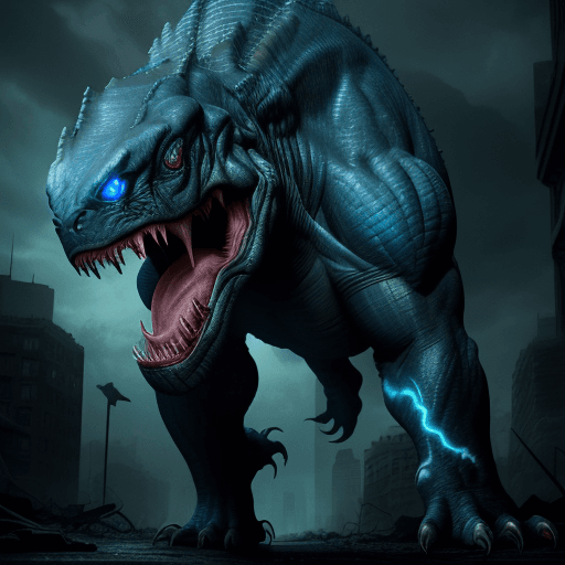 AI generated: a ferocious, huge tyrannosaur, sharp teeth, tough, rough skin, glowing eyes, blue bioluminescence, s...