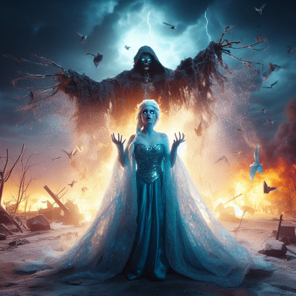 AI generated: heavy nightmare Version of Elsa,from the Movie Frozen, photorealism, fantasy, dynamic lighting, very...