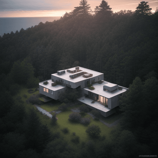 AI generated: hyper realistic aerial view exterior photo of a beautiful brutalist style house on a cliff full of t...