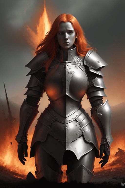 AI generated: detailed illustration of ginger female divine paladin wearing full plate armor, heavily damaged armo...