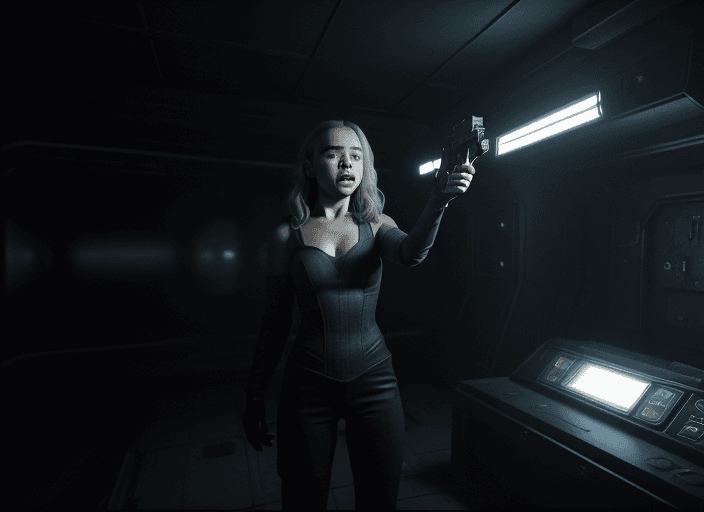 AI generated: photorealistic photo of a Hot cleverage scared terrified Sci fi Emilia Clarke holding a sci fi pisto...