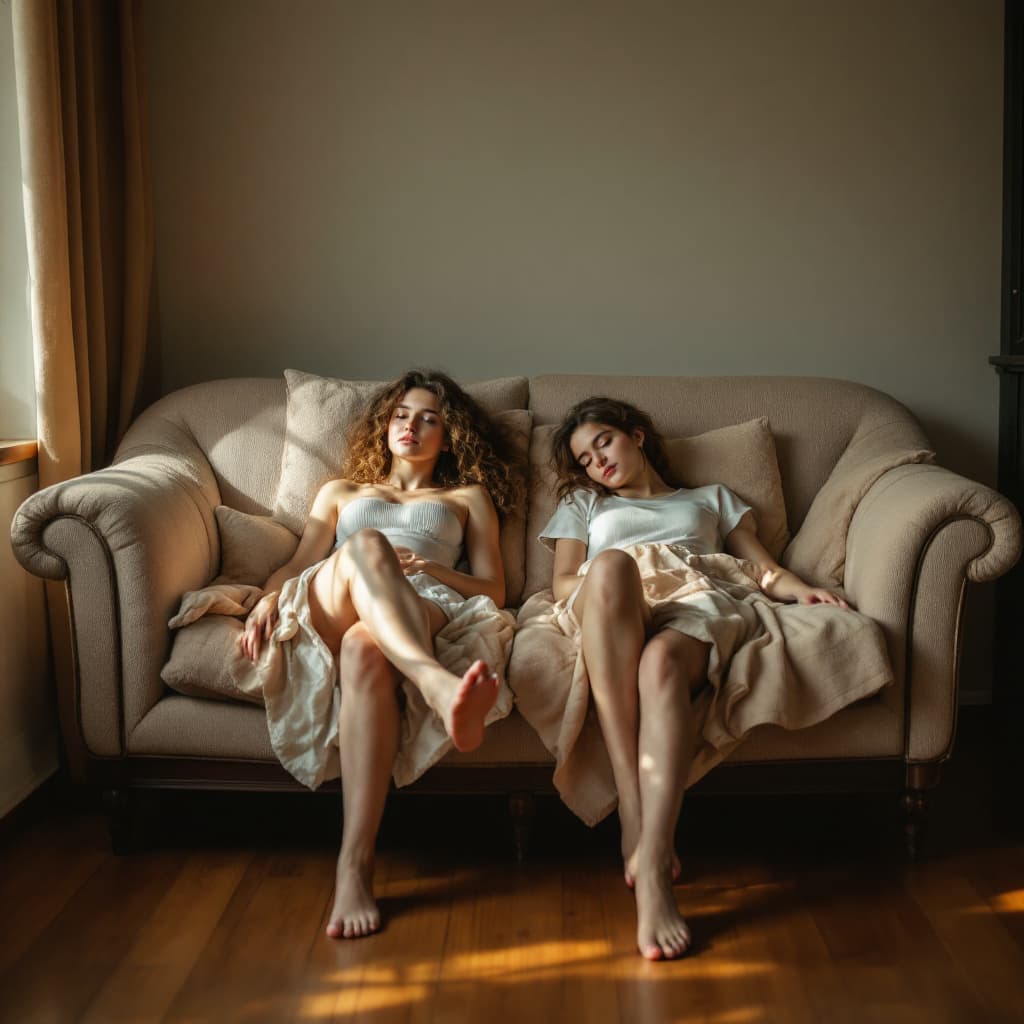 AI generated: two caucasian girls RELAXING FEET in empty bather sofa
,mid school
