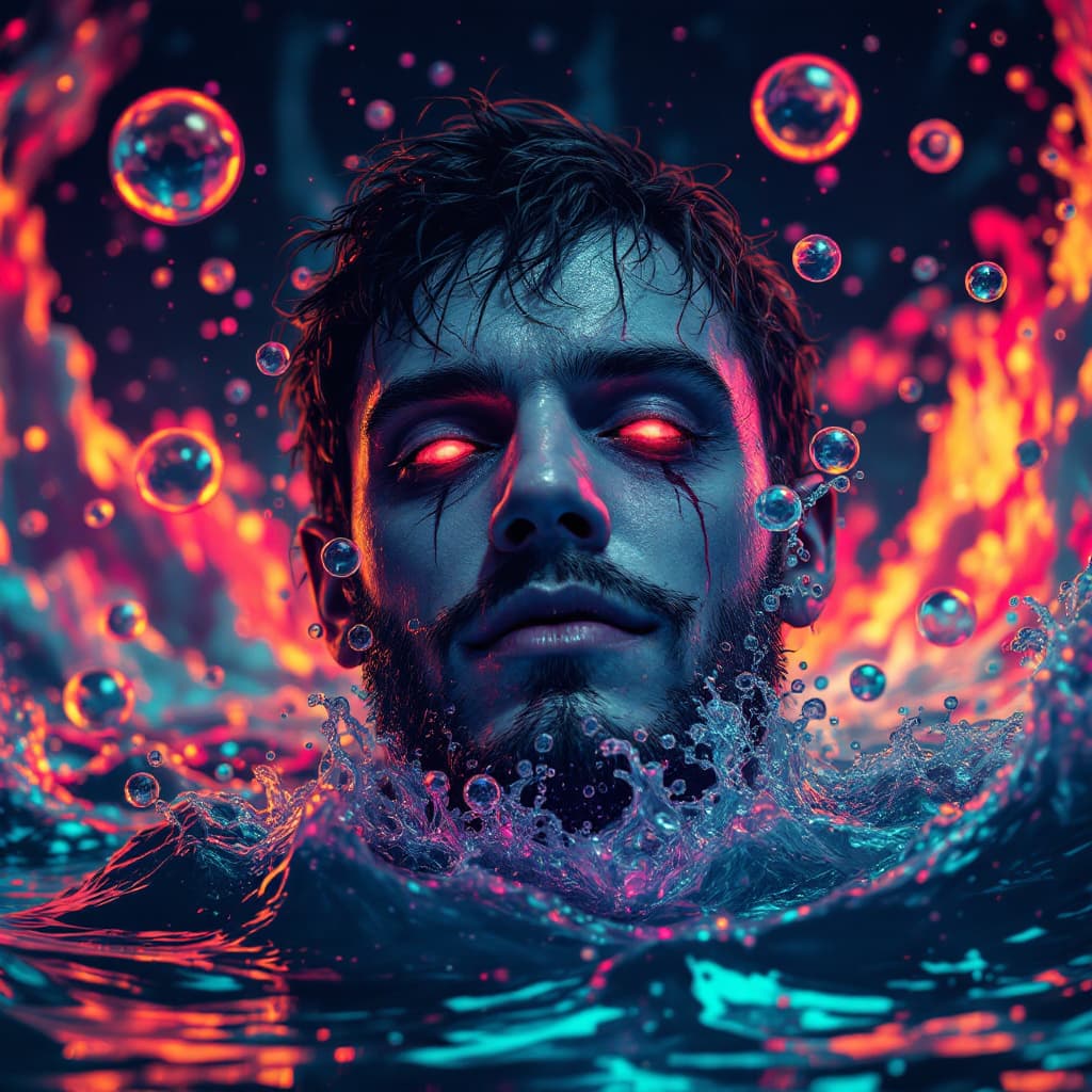 AI generated: abyssopelagic heretic, sinister sly smile bubble escapade, doomed user, glitch art in oceanic 3d tec...