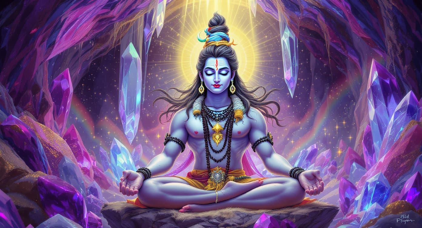 AI generated: Lord Shiva meditating inside a magnificent crystal cave. ash-white complexion with pale blue underto...