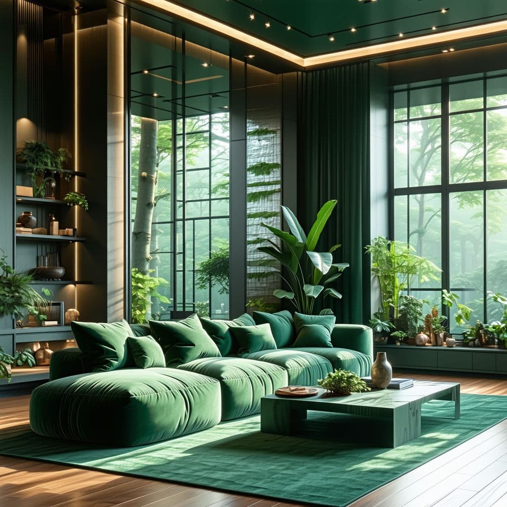 AI generated: High resolution photography interior design, "forest green couch", living room furiture, wooden floo...