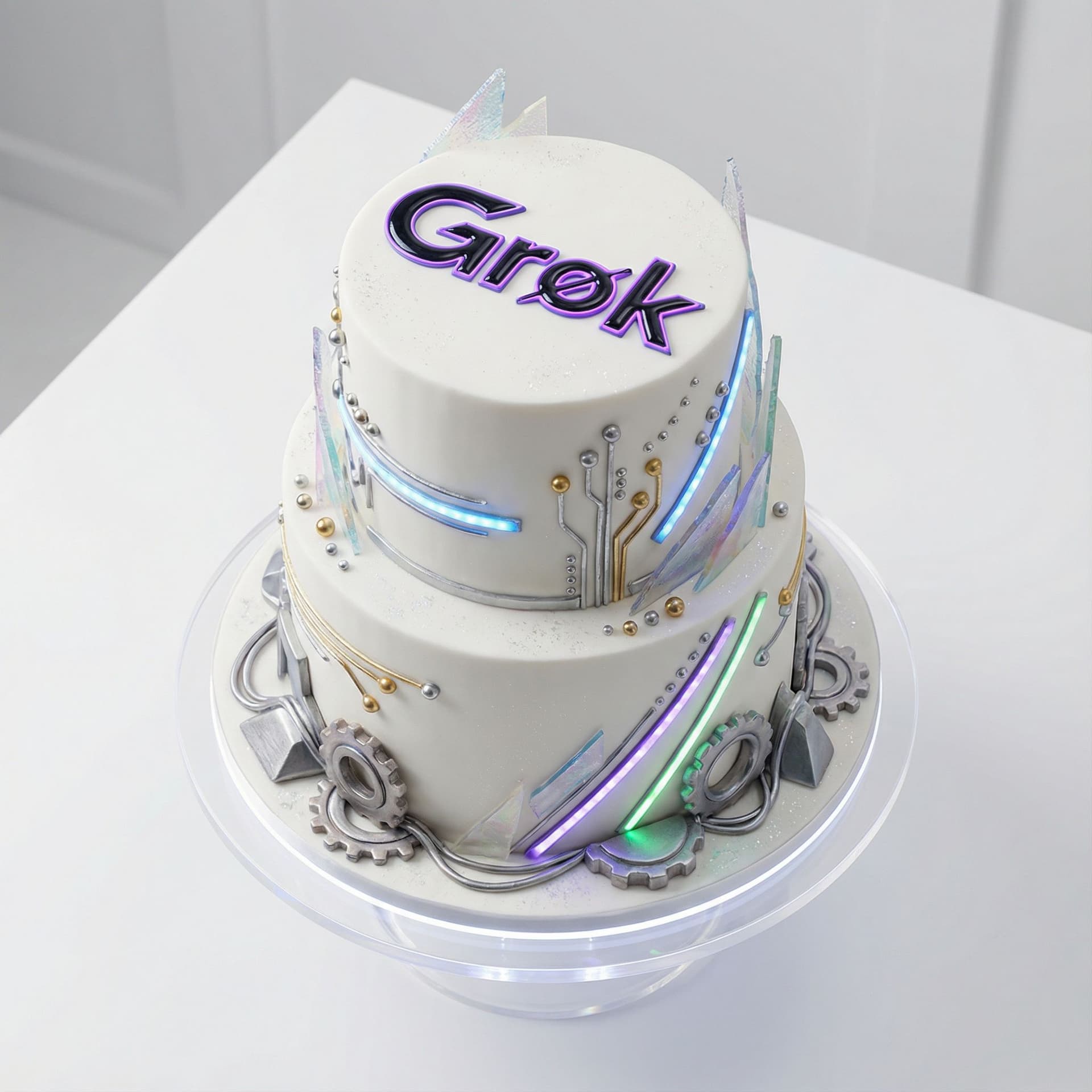 AI generated: {
  "prompt": "highly detailed studio photo of a modern celebration cake on a clean white table, cov...