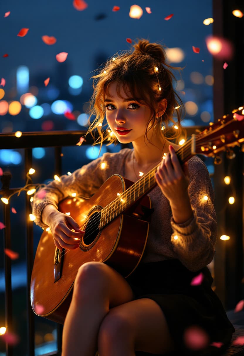 AI generated: action  dynamic pose, tiny  electric warm glowing bulbs , night city , happy  tender ginger  girl  p...