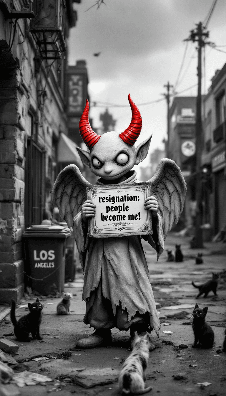AI generated: An old, mystical clay devil character stands in a haunted street of Los Angeles, surrounded by waste...