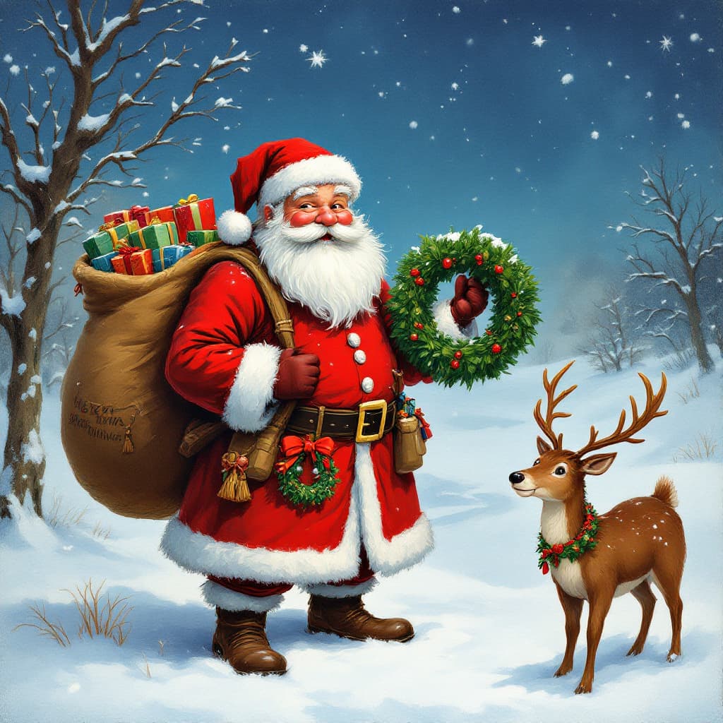 AI generated: a cartoon of a santa clause holding a wreath and a bag of presents in the snow with a reindeer and a...