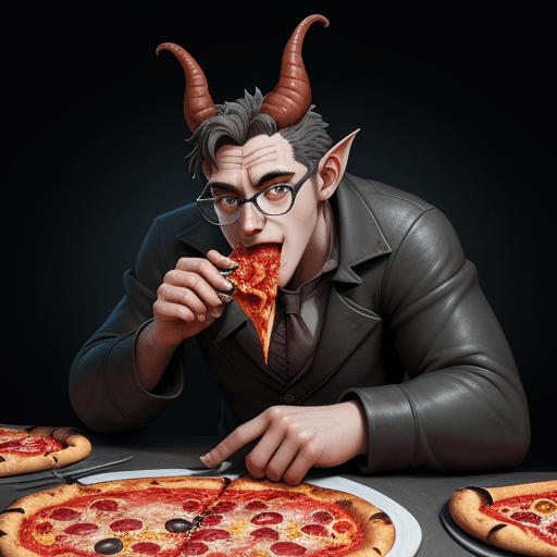 AI generated: character design, illustration style, a gothic gargoyle, eating peperoni pizza, with round glasses, ...