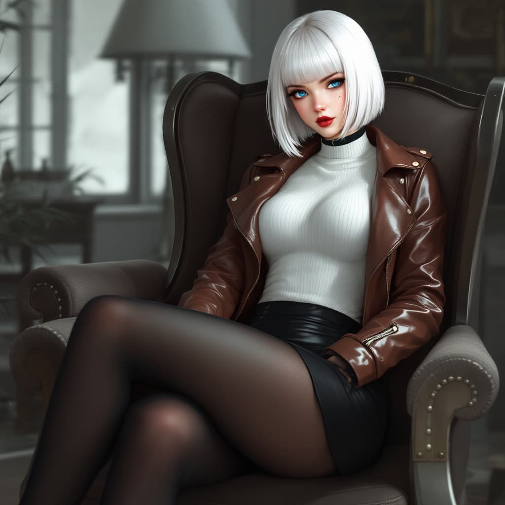 AI generated: anime, woman, white hair, bob cut, blue eyes, freckles, red lips, closed lips, white sweater, tight ...