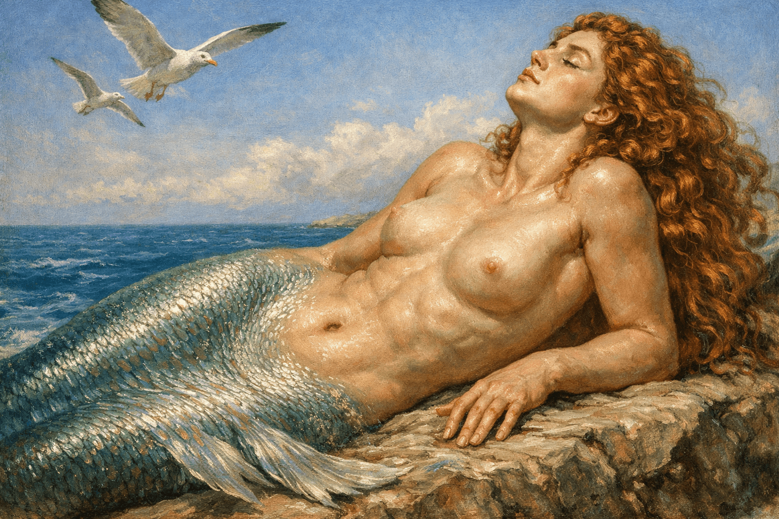 AI generated: siren, shimmering tail, curly red hair, sunning on a rock, azure sea, seagulls soaring, close up