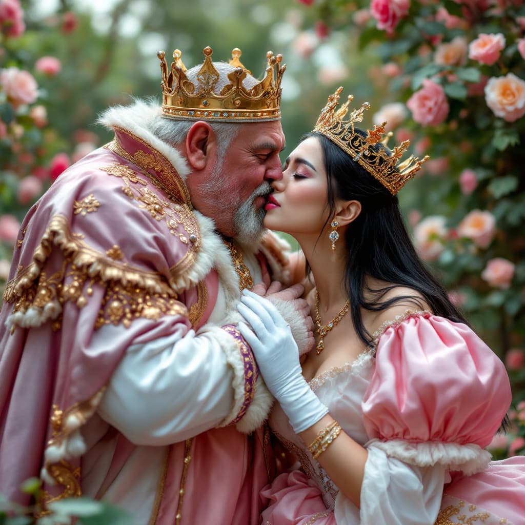 AI generated: full body shot, a beautiful disgusted asian Cinderella being kissed by a fat ugly old pompous Englis...