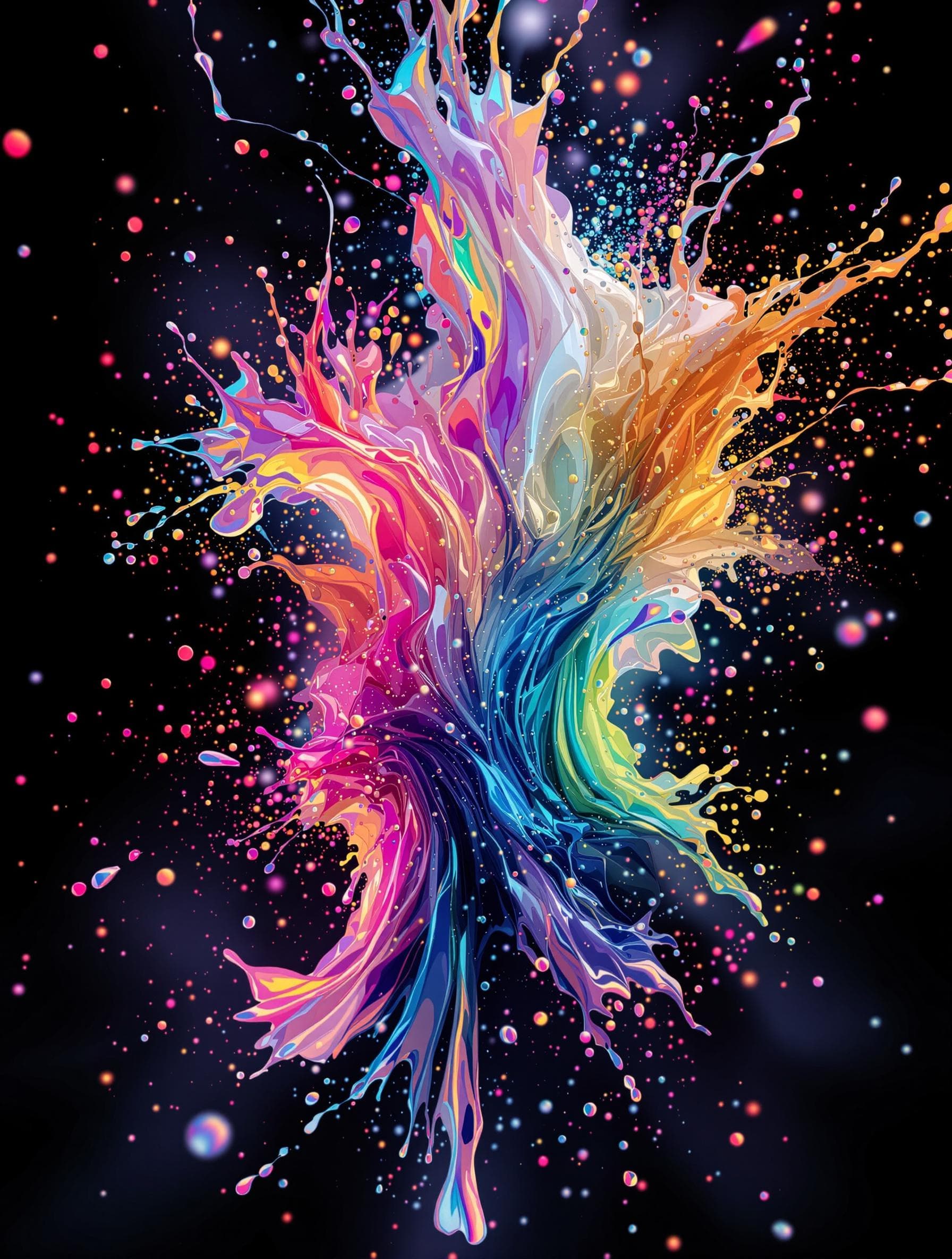 AI generated: hyper realistic glowing holographic milky fluid explosion, drip, splashes, powder, smoke, black back...