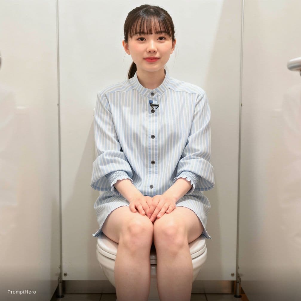 AI generated: 「洋式トイレの個室内で、若い女性（20代後半、黒髪、ストライプのシャツを着たまま）が便座に座り、足を左右に大きく開いている。男性（50代前半、スーツ姿）が女性の前方から股の間に立ち、覆い被さるように密...