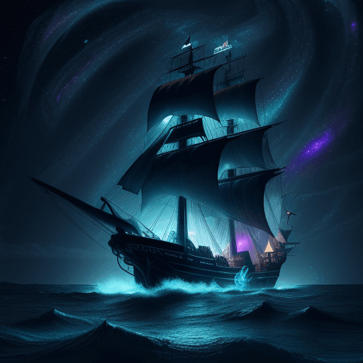 AI generated: (Pirate ship sailing into a bioluminescence sea with a galaxy in the sky), epic, 4k, ultra,