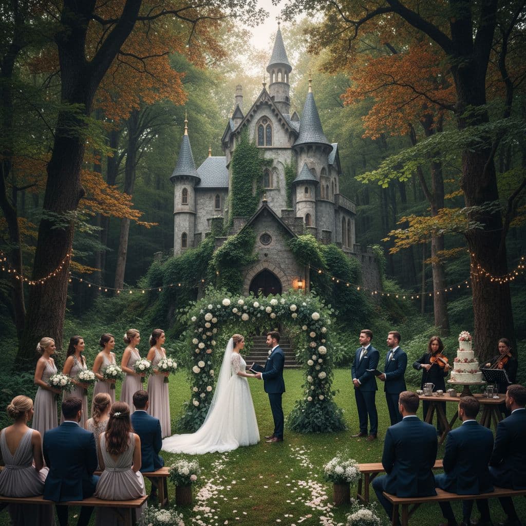 AI generated: Un château, une forêt et un mariage 

