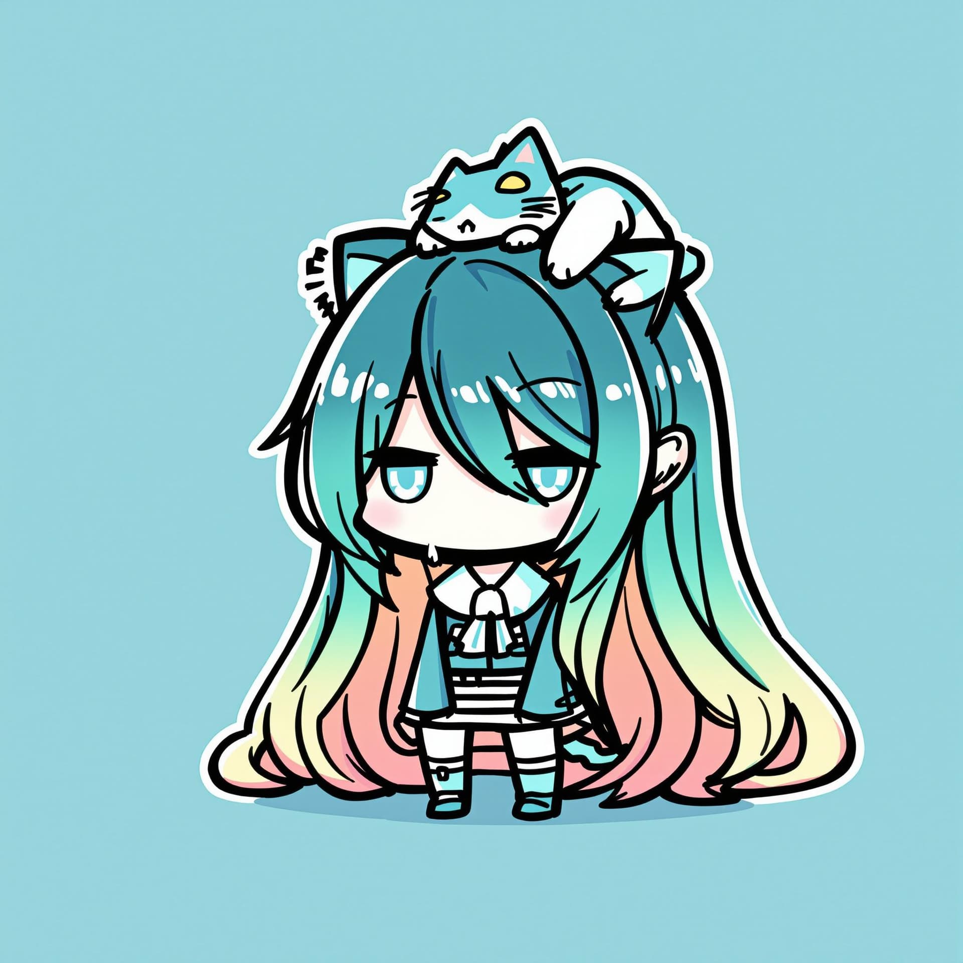 AI generated: best quality,Teal theme,outline,
(chibi:1.2),(absurdly long hair,gradient hair:1.2),cat on head,
<lo...