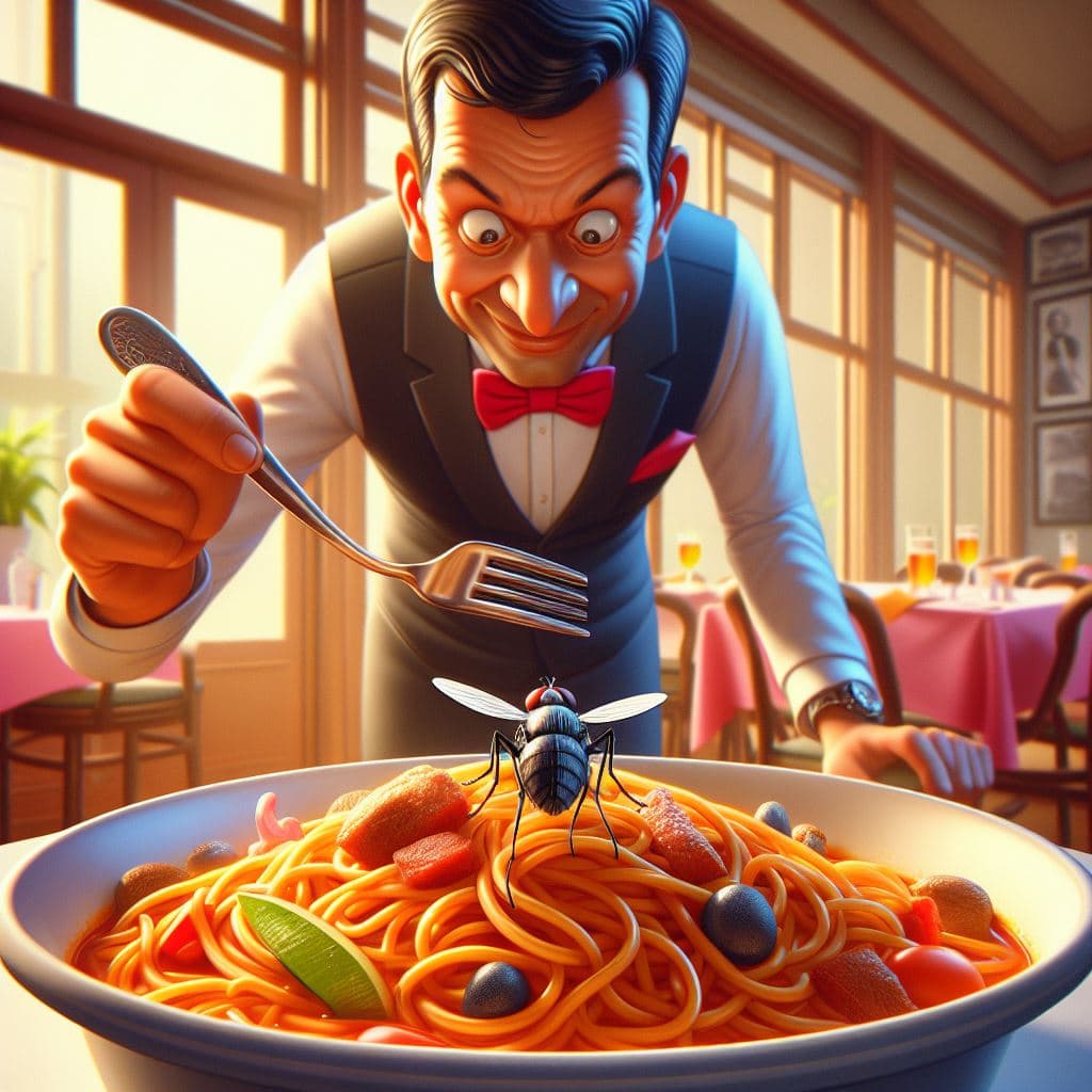 AI generated: Waiter, there is a fly in my bami goreng! Cel-shaded, perspective, depth of field, tilt-shift, lowbr...