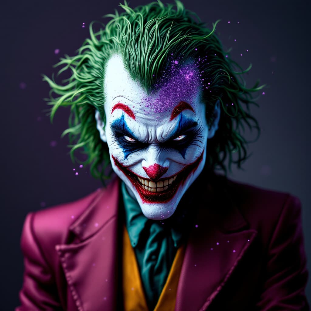 AI generated: the joker cartoonish mode the image seems to be like a logo with so much purple on behind, glitters