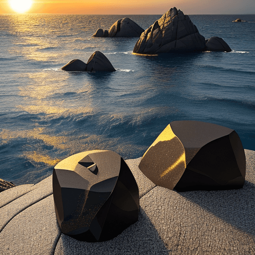 AI generated: high black granite rocks, with sharp peaks on the rocks, their granite texture is clearly visible, t...