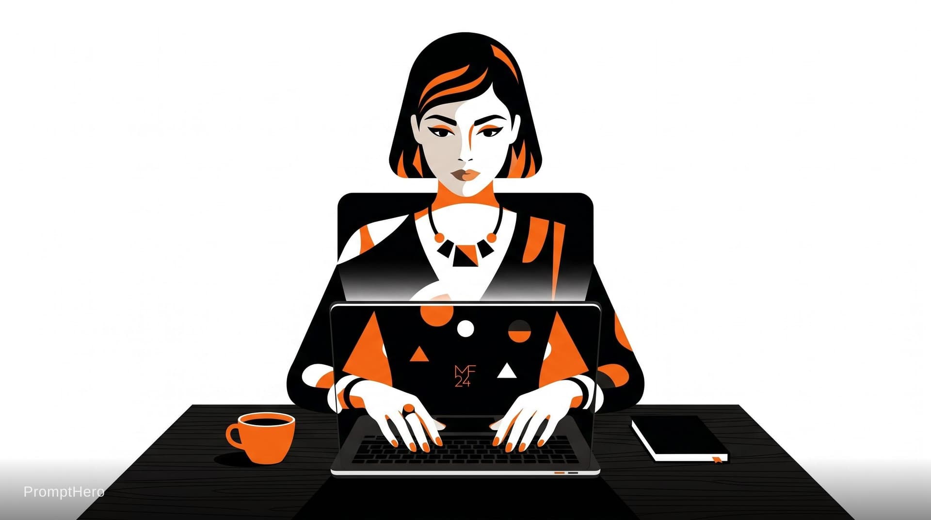 AI generated: Make a person typing on lap top front view angle lap top visible on the back  in style of Malika Fav...