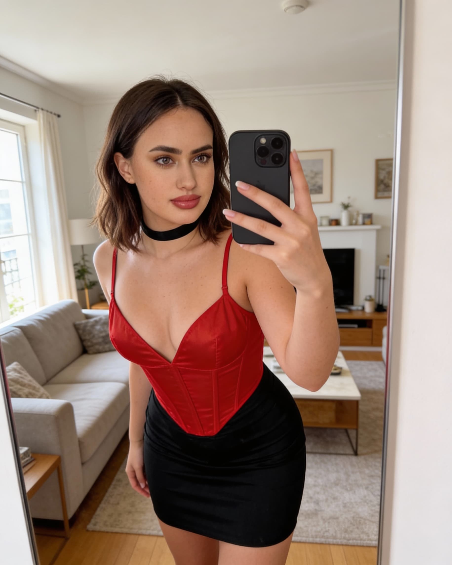 AI generated: Une photo, d'une femme de 18 ans avec des formes  ,, a picture,    , , dans son salon , la photo est...