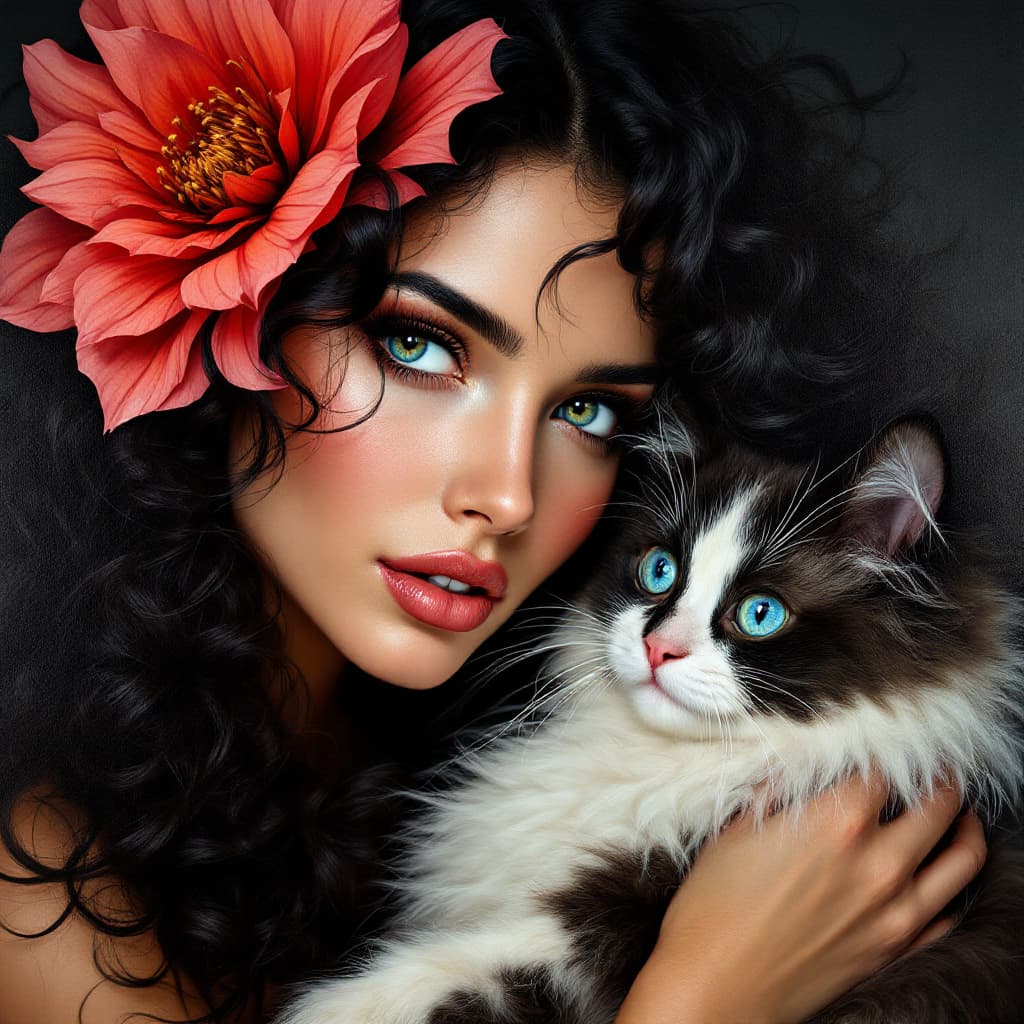 AI generated: A strikingly beautiful woman with flowing curly black hair and large blue eyes is captured in a clos...