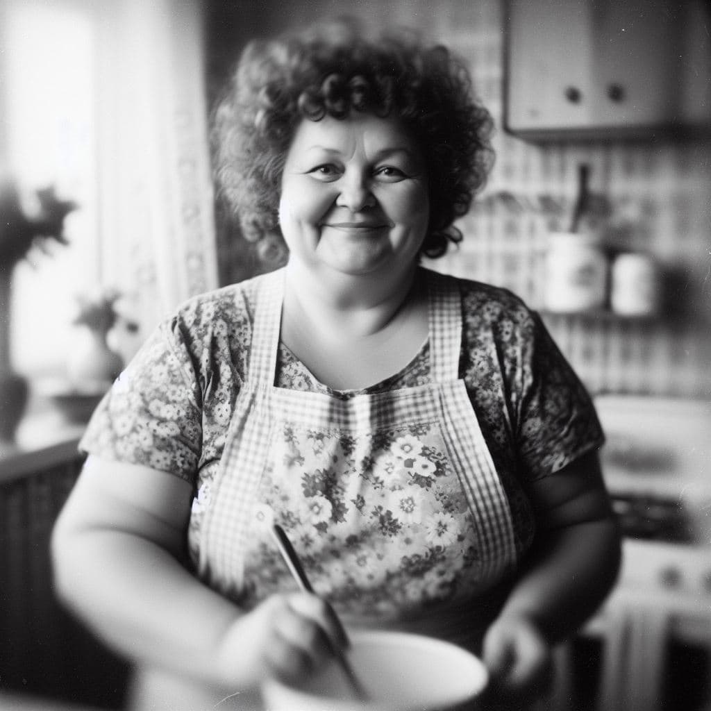 AI generated: A stout European housewife, approximately 45 years old, busy in her kitchen. She wears a flower-patt...