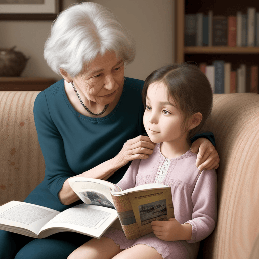 AI generated: Grandmother with a young granddaughter is sitting on the couch, the grandmother must and shows her a...