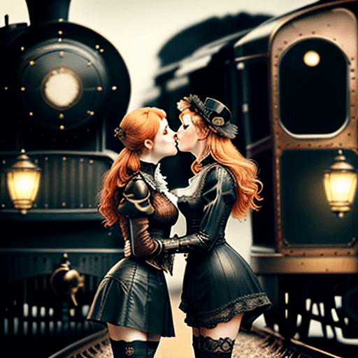 AI generated: full body, wistful, longing, Victorian Steampunk style, two girls facing each other, chest to chest,...