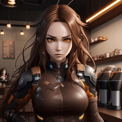 AI generated: An anime fierce female character, in a coffee shop, Lexeme-Taste Synesthesia style, Unreal engine, e...