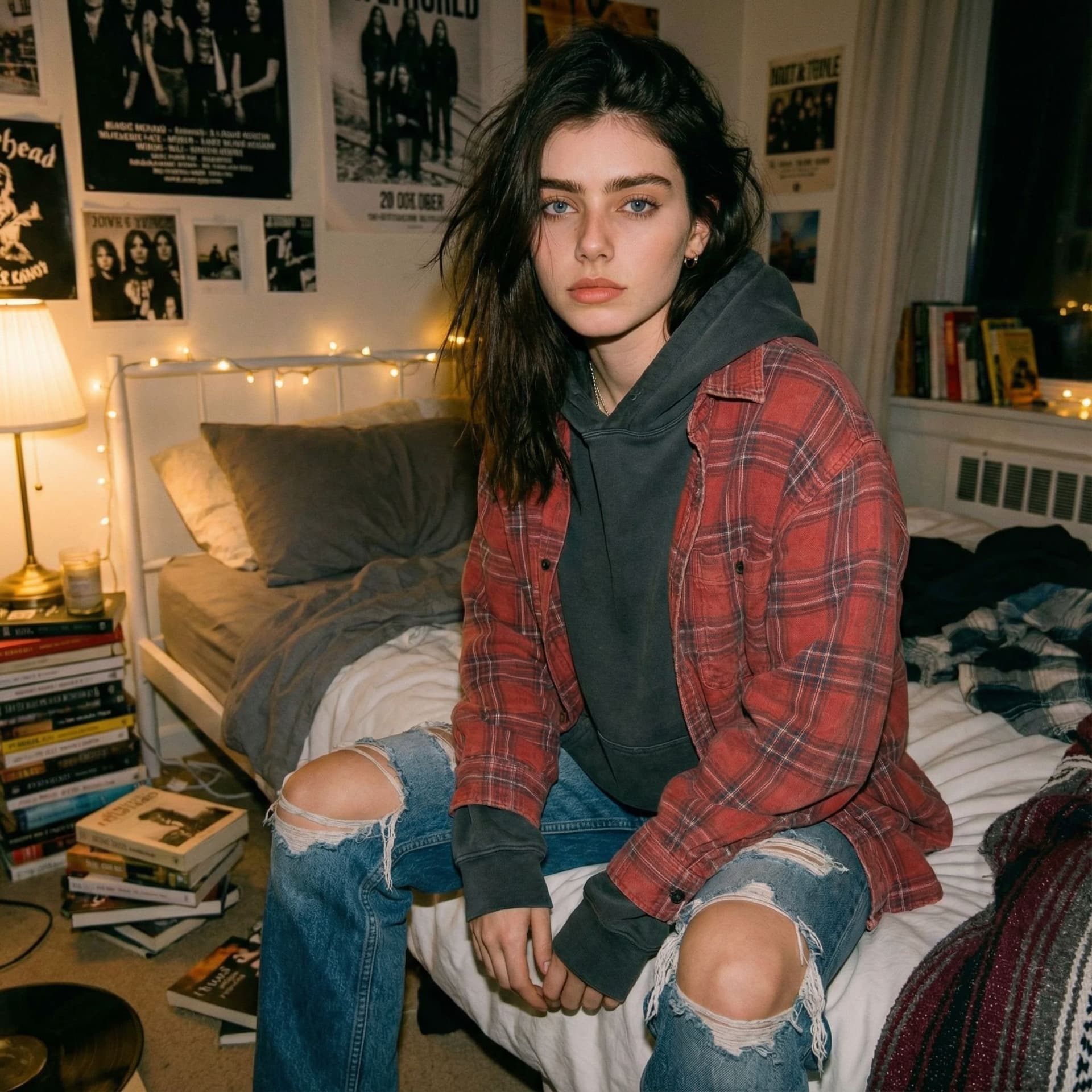AI generated: A cozy, dimly lit room with a laid-back, grunge vibe. The subject wears an oversized, plain hoodie l...