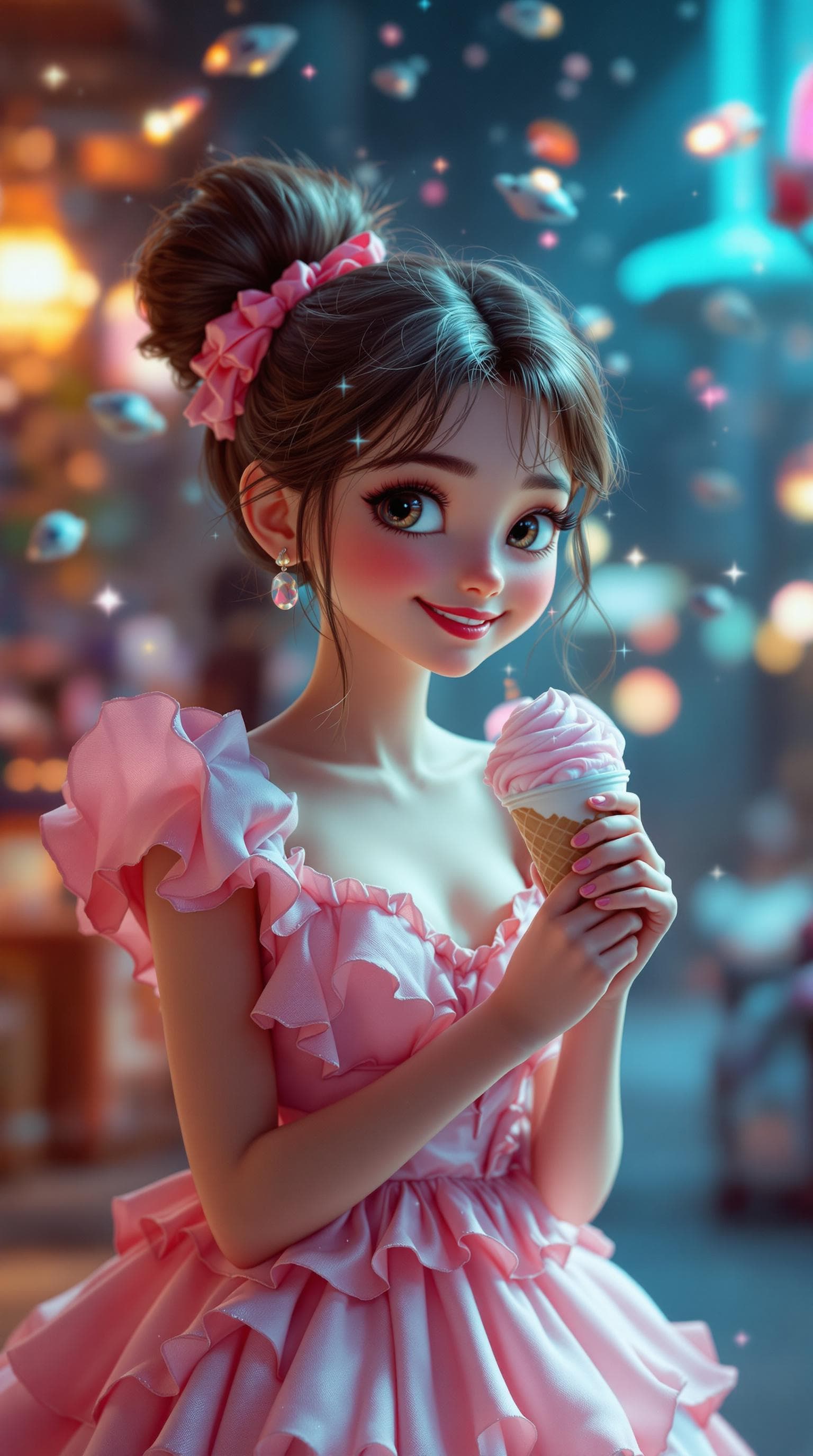 AI generated: cute, adorable, smiling Kaywinnet Lee Frye eating ice cream, wearing a pink ruffle dress like a ball...