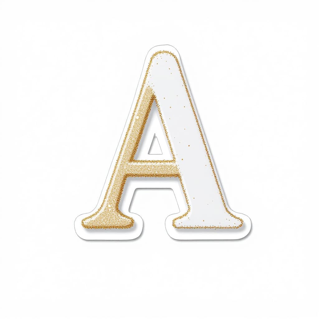 AI generated: 3D White letter "A" with gold glitter, white background, sticker style.
