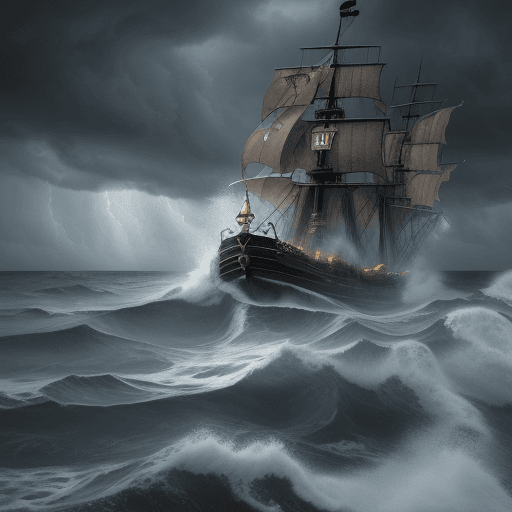 AI generated: stormy sky, rough sea, open sea, deep sea, sinking pirate ship