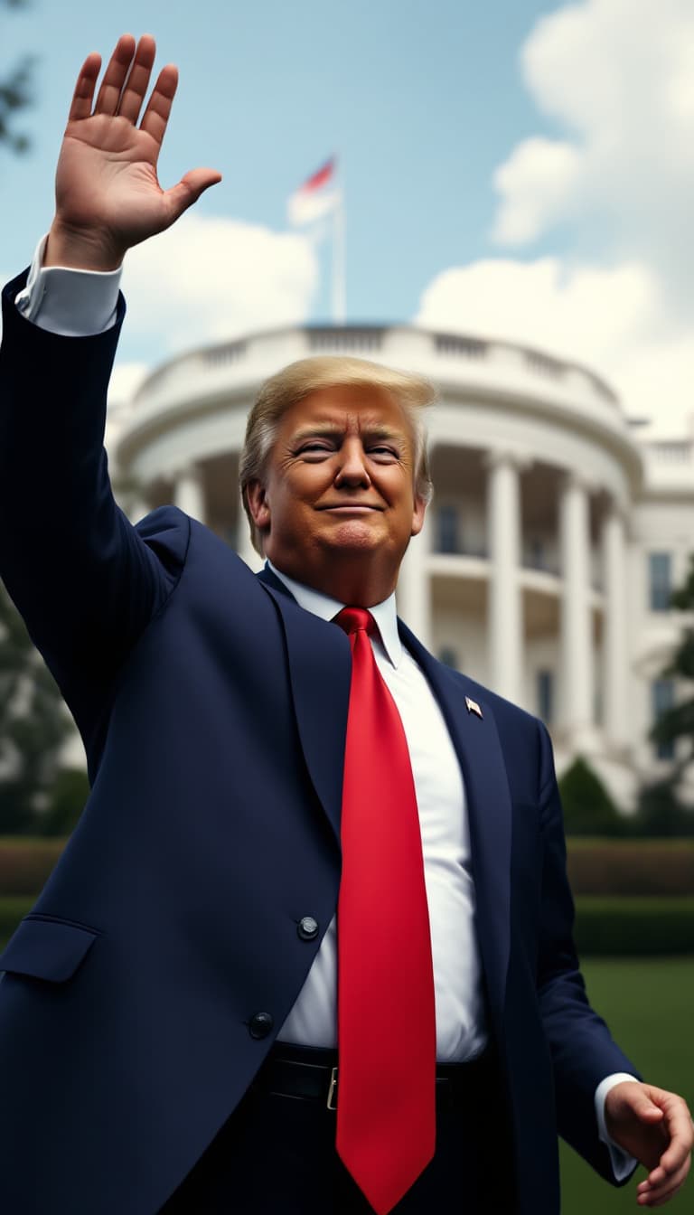 AI generated: A hyper-realistic, ultra-detailed trump in his dark blue suit and red tie waving goodbye with both h...