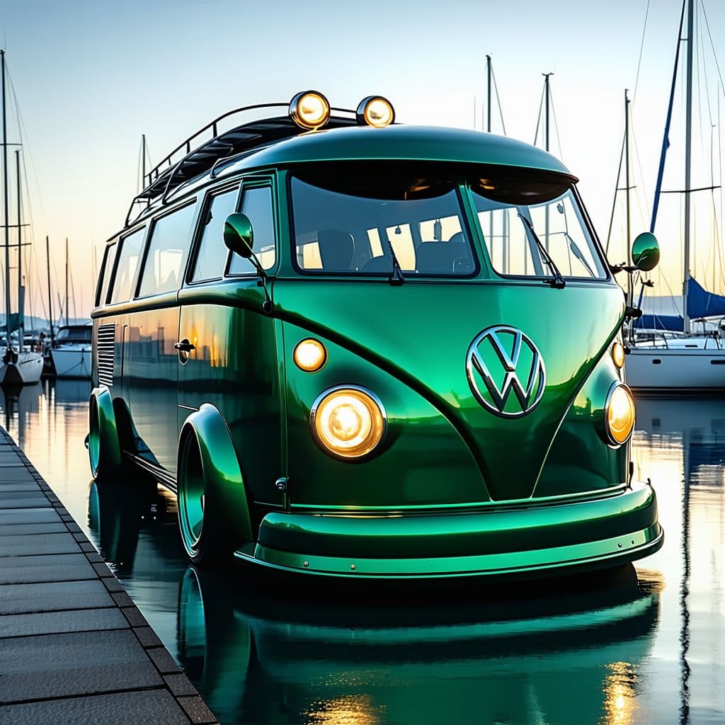 AI generated: General outline of a latest model VW bus
, widebody boat, British racing green,in steampunk style,  ...
