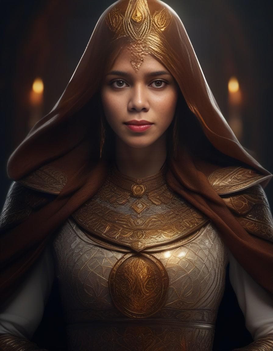 AI generated: Muslim queen of fire character in Hijab scarf, crown made of gold and diamond flames, photorealistic...