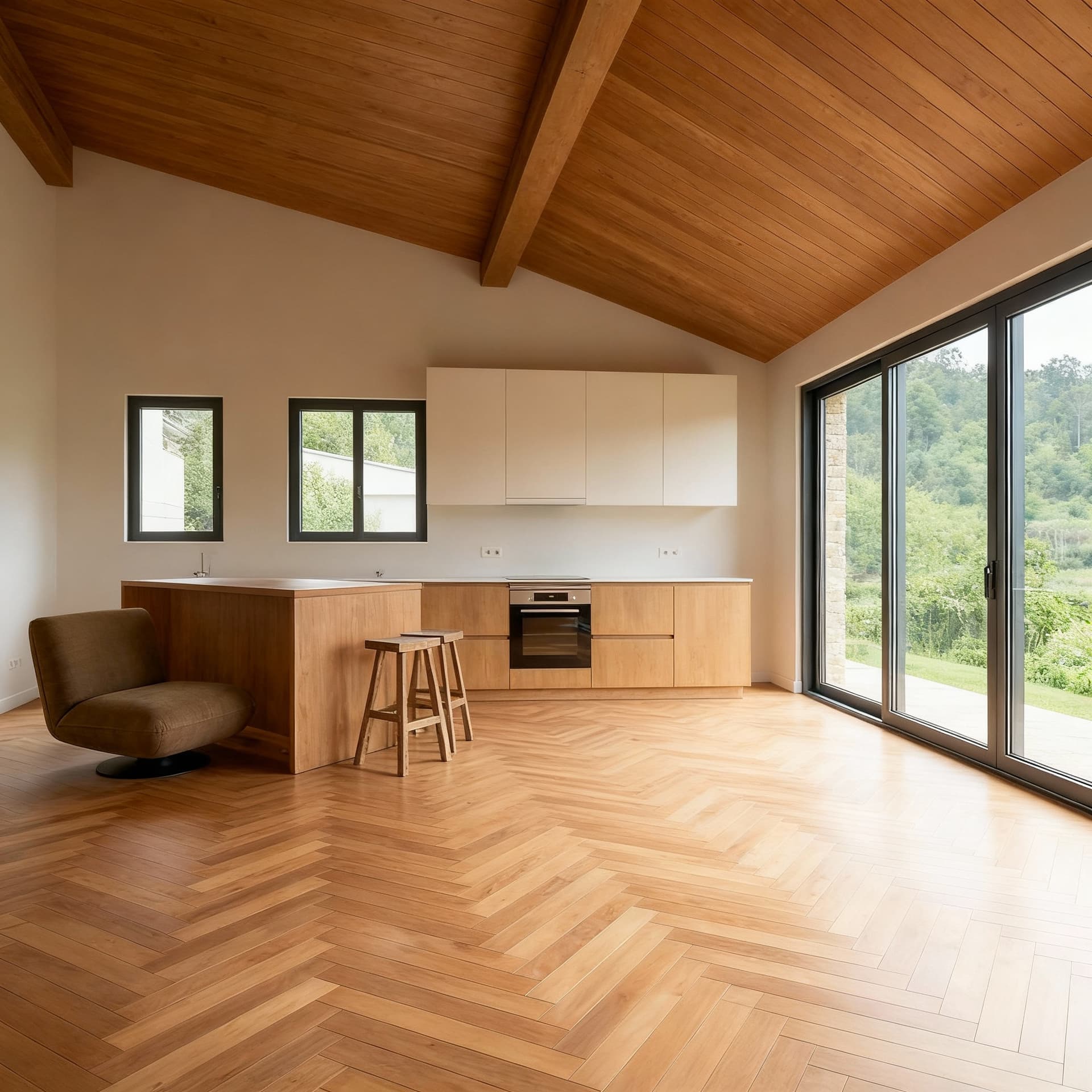 AI generated: las ventanas deben ser 3 y  gira la imagen 30 grados hacia la izquierda, haciendo que la cocina se v...