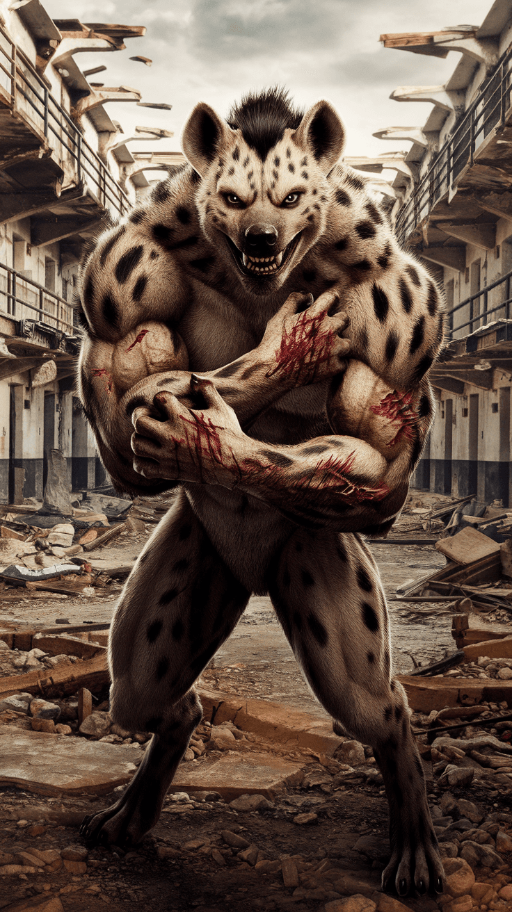 AI generated: A savage humanoid hyena with ultra-ripped muscles, dark spotted fur, and a sinister grin, standing i...