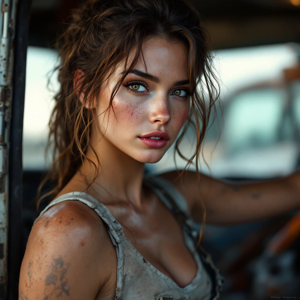 AI generated: gorgeous female dressed as truck driver, truck in background, attractive, flirting, dirty clothes, d...