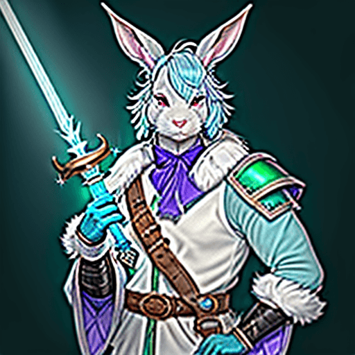 AI generated: male d&d harengon, male dnd rabbitfolk:: white fur with light blue tipped ears, bright blue shoulder...