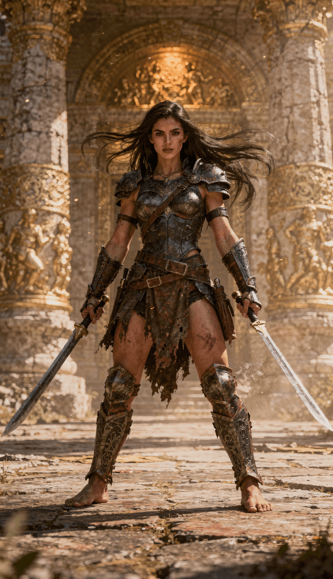 AI generated: 
A full-body, front shot captures a fierce female warrior standing barefoot on a stone courtyard. Sh...