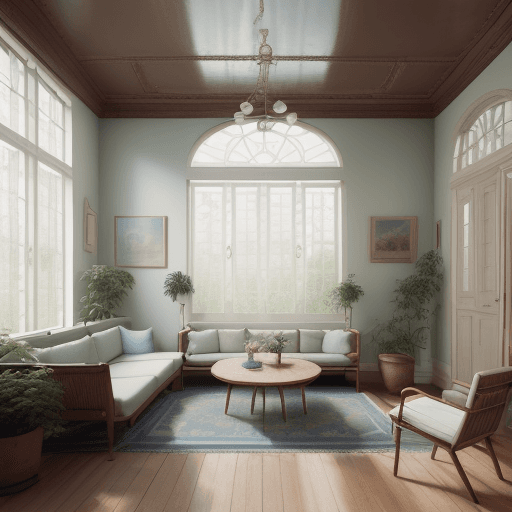 AI generated: High resolution photography interior design, dreamy sunken living room conversation pit, wooden floo...