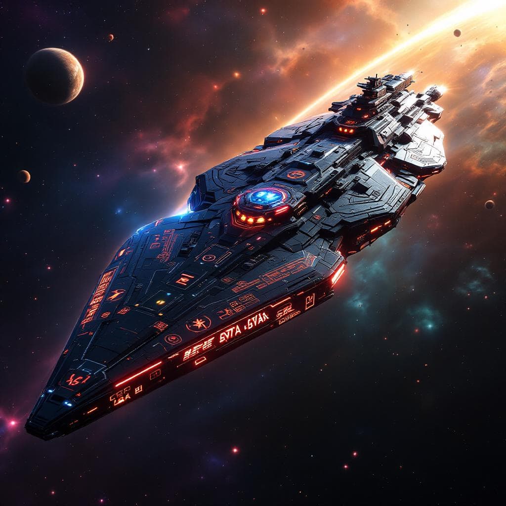 AI generated: Imagine, in detail, an alien spaceship to show a new design. An alien super carrier. Show it in deep...