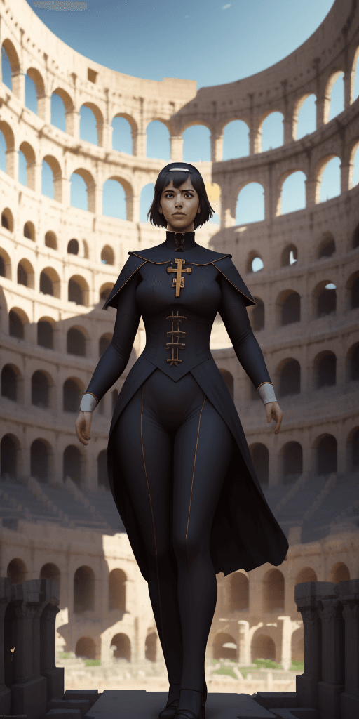 AI generated: a woman wearing a a priest's suit, Roman Amphitheater background, concept art by Mandy Jurgens, tren...