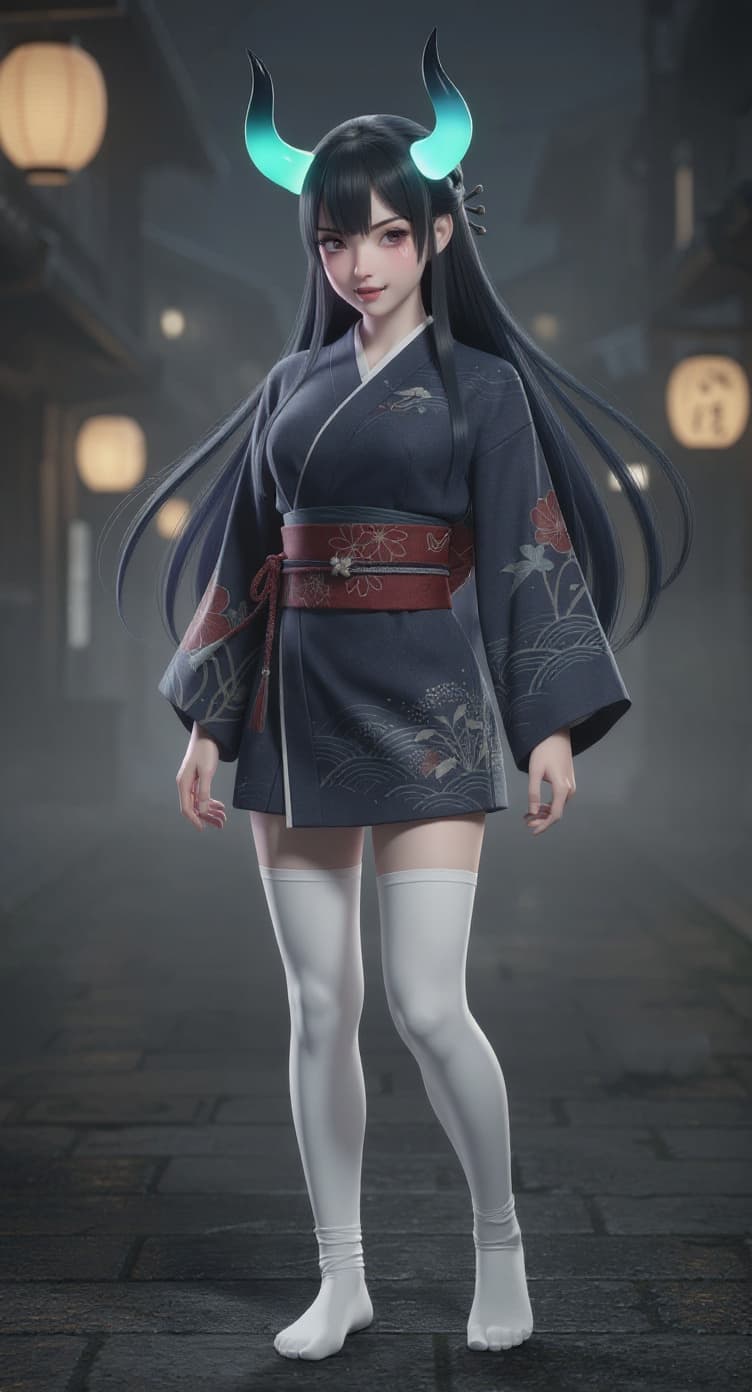 AI generated: Full body long shot of a beautiful female Japanese Oni, with two color gradient horns, Blue with pur...